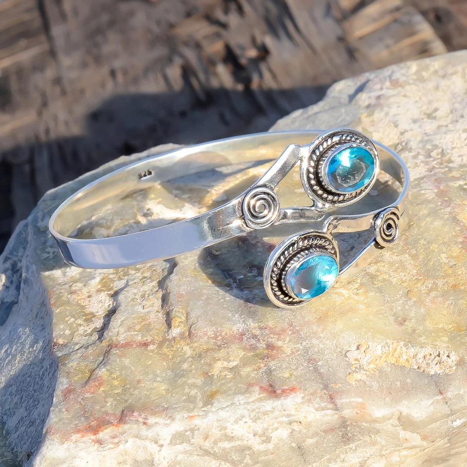 Schweizer Blautopas Edelstein Armband 925 Sterling Silber Manschette Armreif ... - Bild 2 von 4