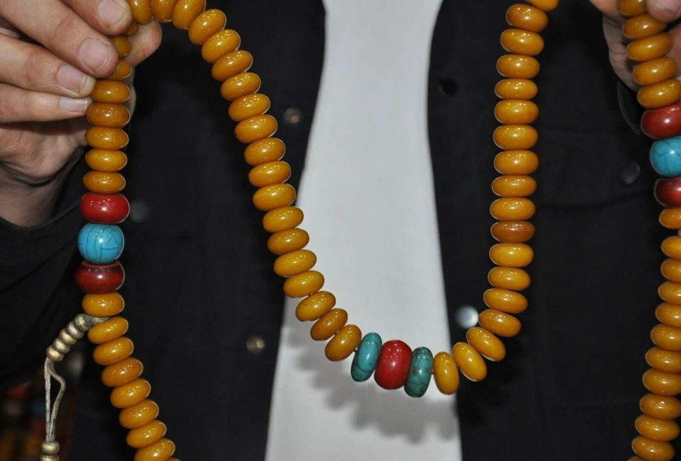 西藏佛教寺庙蜂蜡绿松石驱魔护身符祈祷珠项链 — 第 2/4 张图片