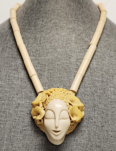 June Metaxides Art Nouveau Resin Figural Beauty Pendant Bead Necklace GF Chain