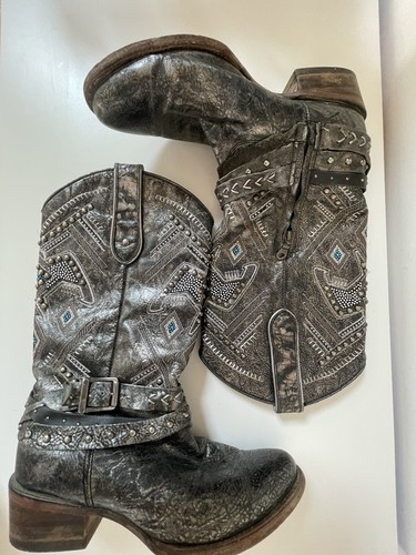 CORRAL STUDED Leather Western Cowgirl Boots Silver Leather Blue Accents 9M - Picture 16 of 22