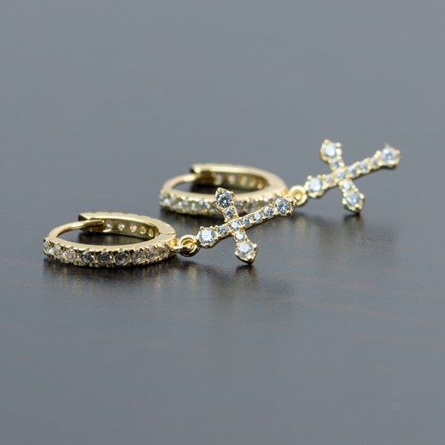 Men Cz 14K Gold Plated Sterling Silver Dangle Cross Drop Huggie Hoop Earrings - Picture 2 of 5