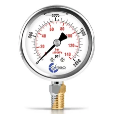 2.5" LIQUID FILLED PRESSURE GAUGE 0- 2000 PSI, STAINLESS STEEL CASE LOWER MOUNT