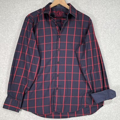 Bugatchi Shirt Men Large Blue Plaid Flip Cuff Classic Fit Long Sleeve Button Up