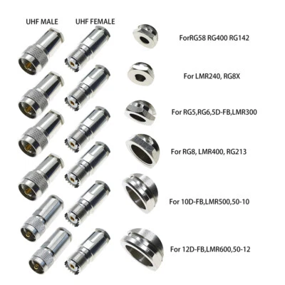 UHF PL259 male female clamp connector RG58 RG400 RG8X LMR240 LMR400 RG8 RG213 - Image 1 of 4