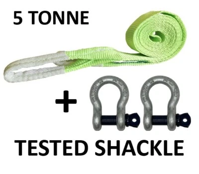 ACE 5T Recovery Winch Towing Strap x 4 metre + Tested Shackles off road 4 x 4 tow
