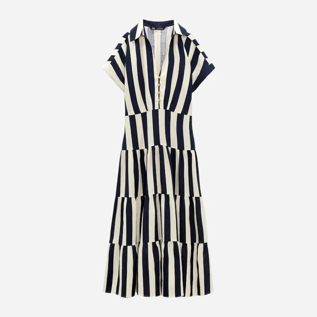 zara blue and white striped shirt dress Womens Midi Cut Out XS Tiered 3077/767 NWT Puff Sleeve Denim Midi YGroup_princesadress Front button closure Fit:Classic