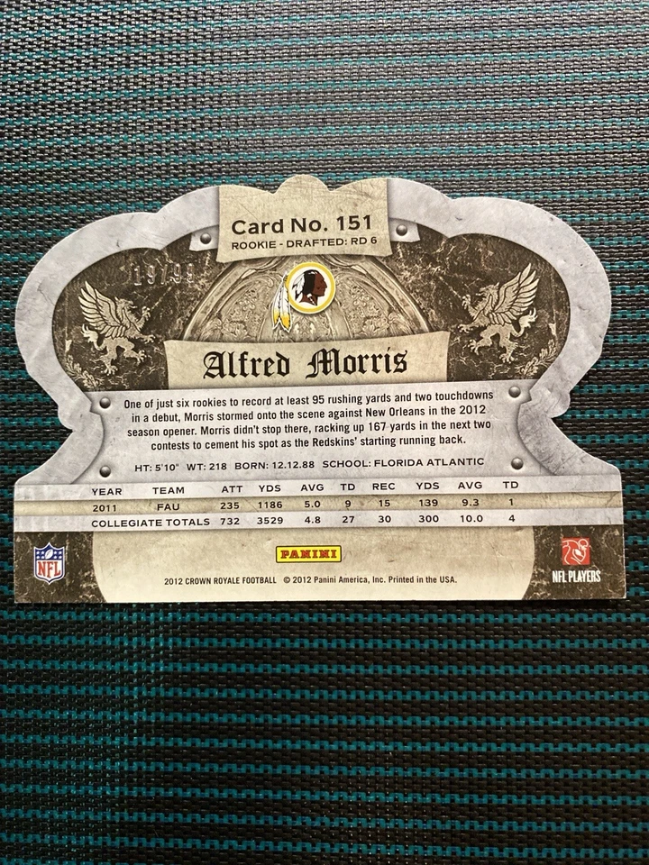 2012 Crown Royale Alfred Morris Rookie Die-Cut #151 Gold Holofoil /99 Redskins - Image 2 of 4