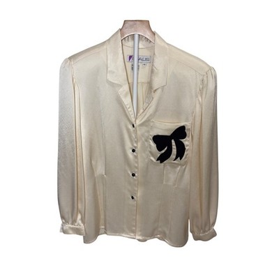 Vintage Chaus Satin Blouse with Bow Applique | 80s Secretary Coquette Romantic