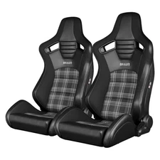 BRAUM Elite-S Series Racing Seats – Black and Grey Plaid Fabric with Black Leath