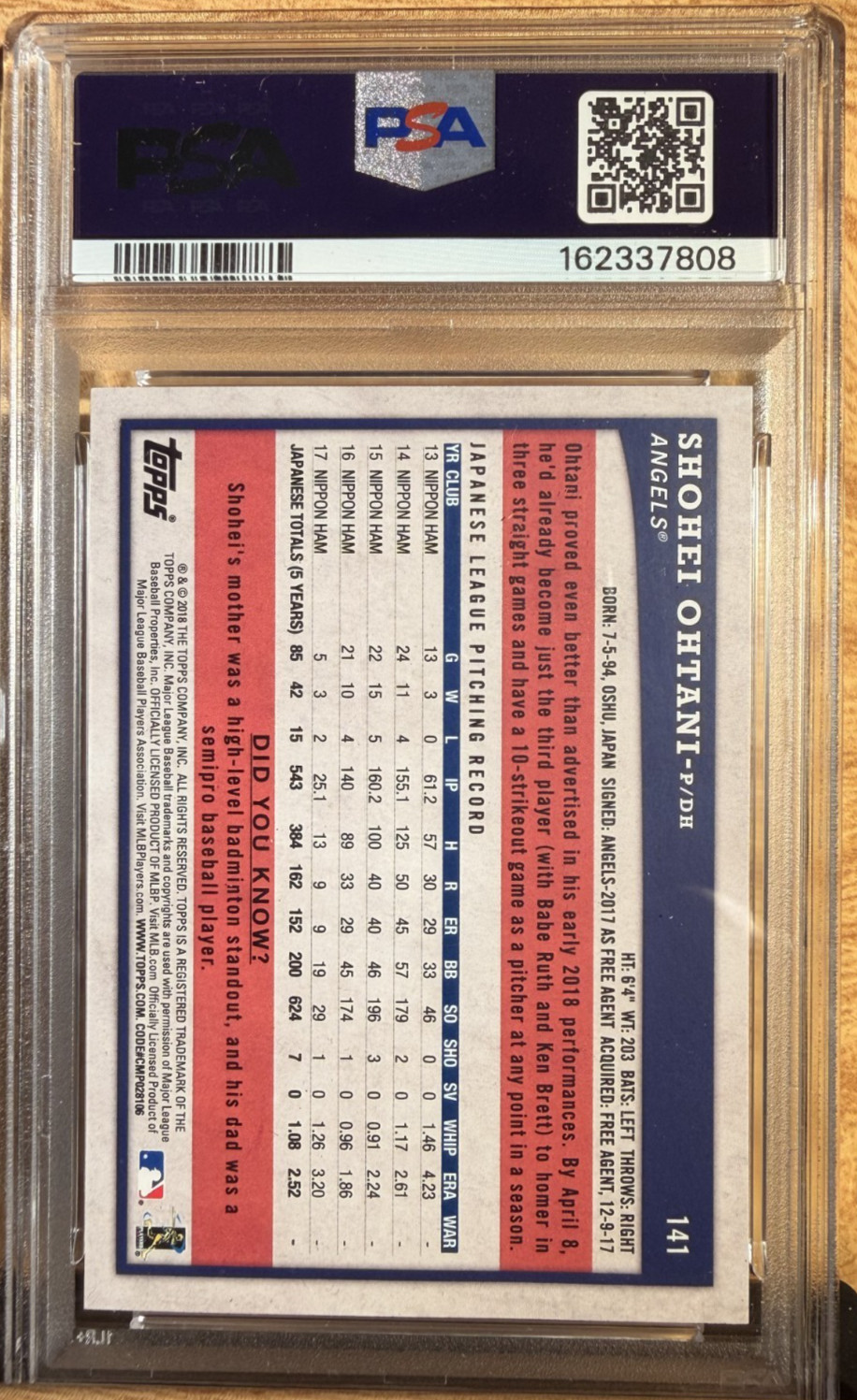Shohei Ohtani Rookie 2018 Topps Big League BLUE #141 RARE (RC) PSA 5 view 2
