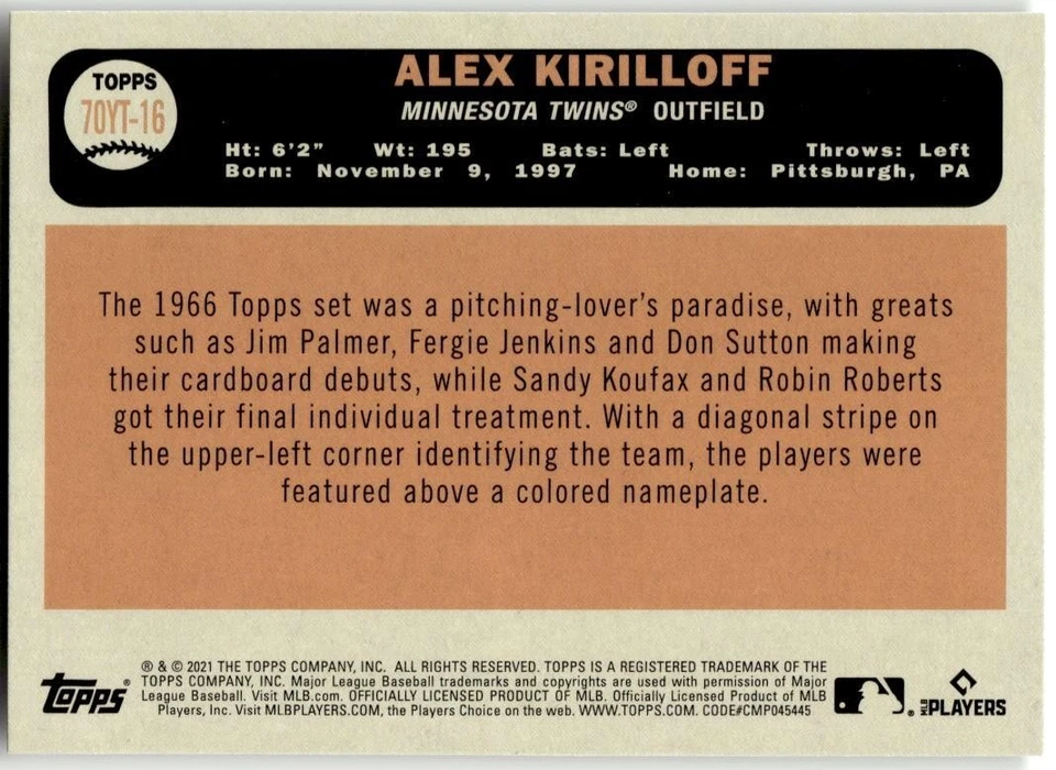 2021 Topps #70YT-16 Alex Kirilloff 70 Years of Topps Baseball (Series 2) - Image 2 of 2