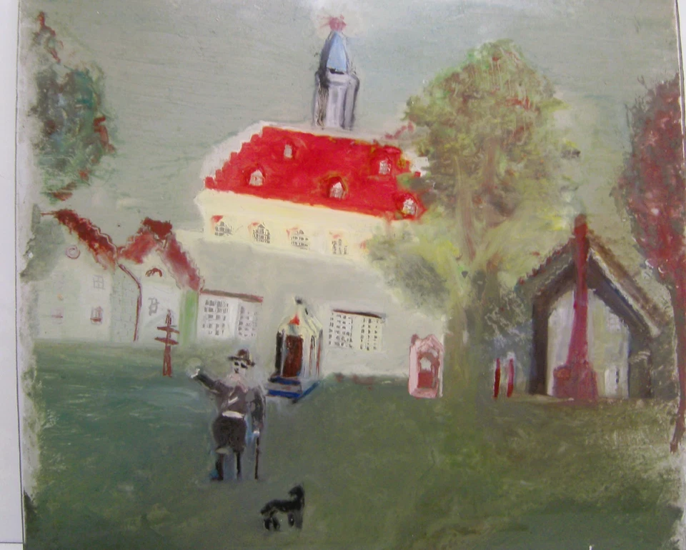 Antique Folk Art Reverse Painting on Glass Man Dog Church Grandma Moses Style - Image 3 of 4