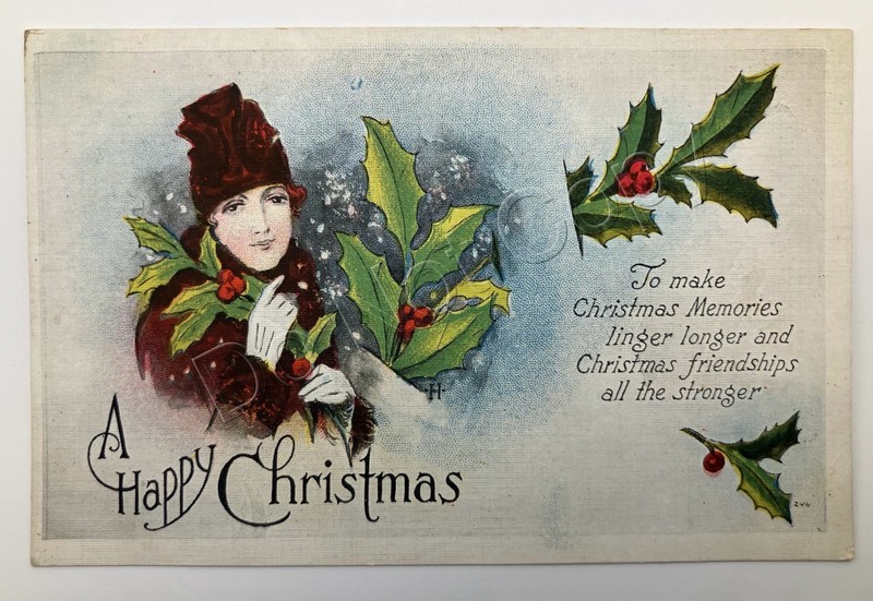 Vintage Christmas Postcard "A Happy Christmas" Holly Woman Series No. 244