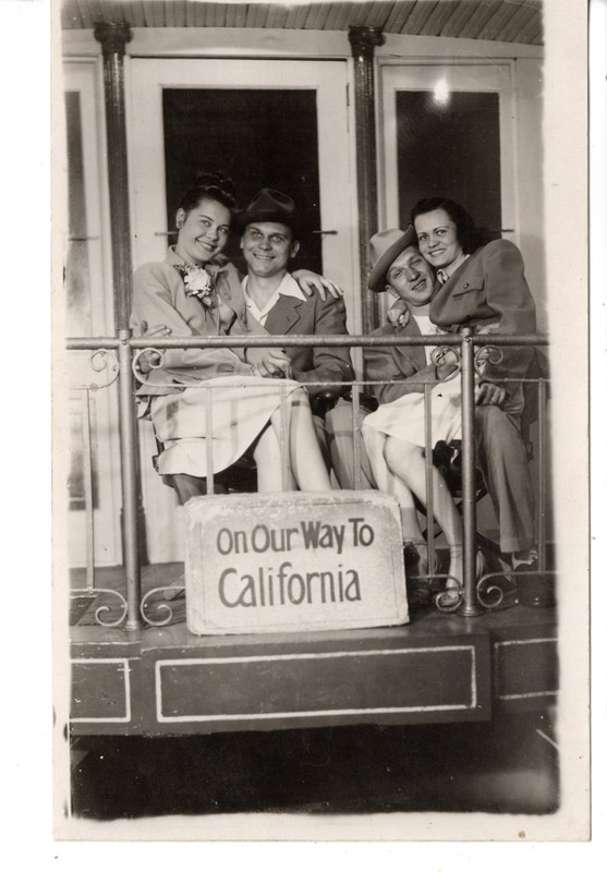 Fun Couples-Train Caboose-On Way to California-Vintage RPPC Real Photo Postcard