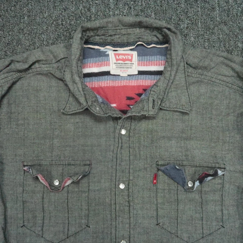 Levis Shirt Mens Extra Large Gray Denim Pearl Snap Aztec Flannel Lined Western - Image 3 of 4