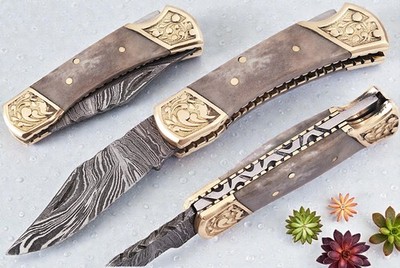CUSTOM HAND MADE DAMASCUS STEEL FOLDING POCKET KNIFE CAMEL BONE HANDLE 1251