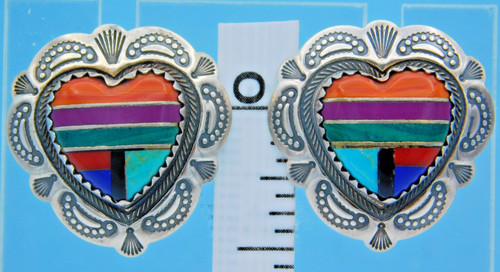 Carolyn Pollack Sterling Multi-Stone Inlay Etched Heart Post Stud Earrings
