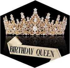 Fesciory Birthday Crown for Women, Gold Plated Crystal Tiara with Sash