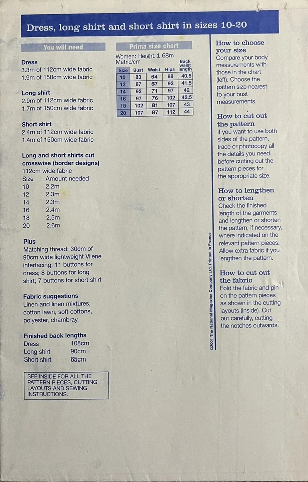 PRIMA SEWING PATTERN STYLISH DRESS & LONG or SHORT SHIRT TO FIT SIZES 10 - 20 - Image 2 of 3