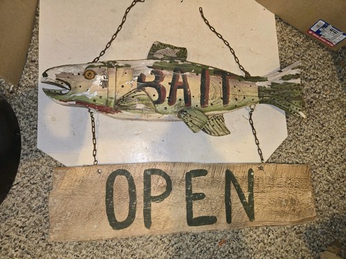 Vintage 60s/70s Bait,Fishing 3 Dimensional Figural Wood Trout Fish Sign,Folk Art