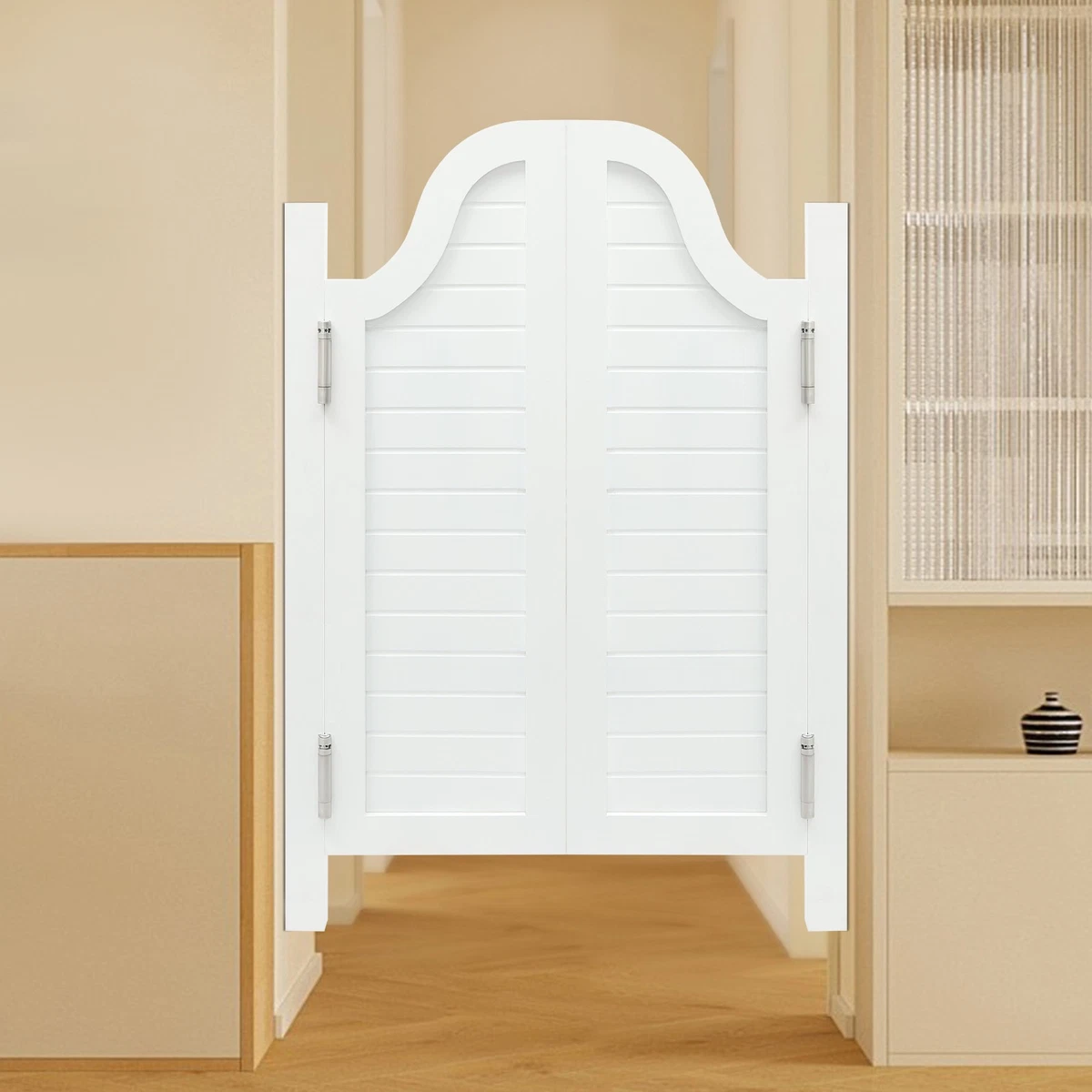 Puerta divisora a rayas horizontales blancas puerta oscilante de madera maciza diseño de doble puerta