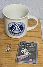 NASA Space Shuttle Set = Vintage JSC Mug•Lapel Pin•Discovery Stamper Saver Cards