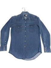 15.5-34 80s Wrangler Denim Shirt Pearl Snap Button Long Tail Cowboy Western USA