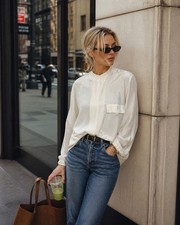 Blusa Vintage Años 90 Angela Tong 100% Seda Marfil Bolsillo Minimalista Silenciosa Lux Talla 6