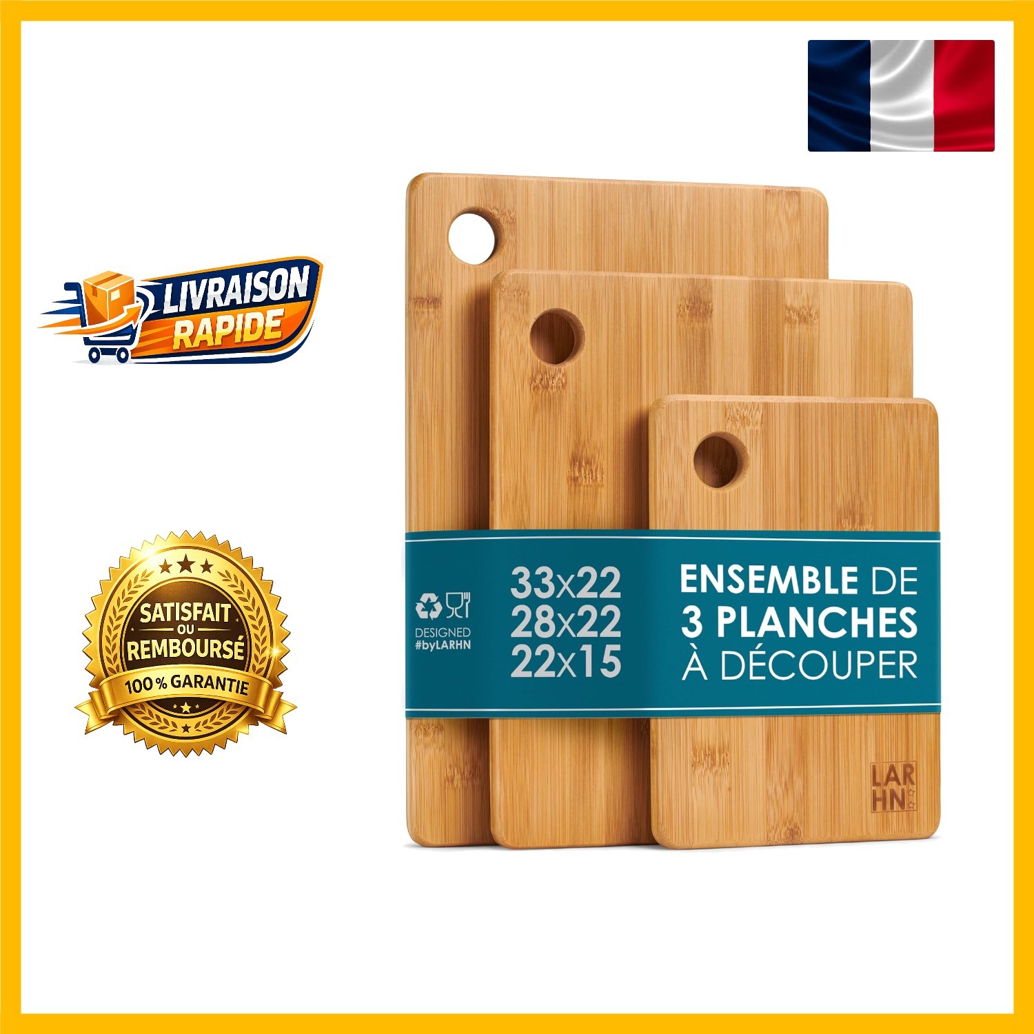 Planches à découper LARHN : set bambou 33x22 cm pour découpe de légumes