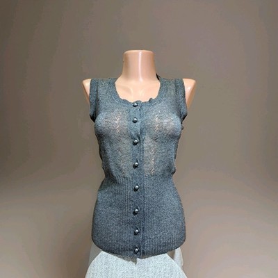 Dranella Sleeveless Knit Vest Top M Gray Shimmer Pearl Button Cardigan Elegant 