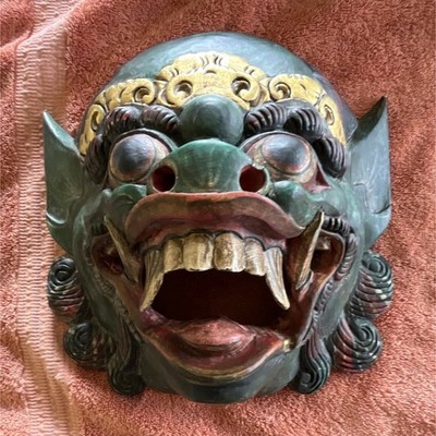 Hand-Carved Wooden Indonesian Barong Mask with Fangs & Gold Detailing