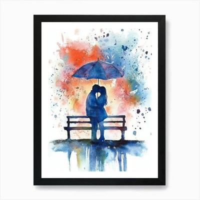 Glückliches Paar Liebhaber küssen unter Th gerahmtes Wandbild Poster Leinwanddruck Bild
