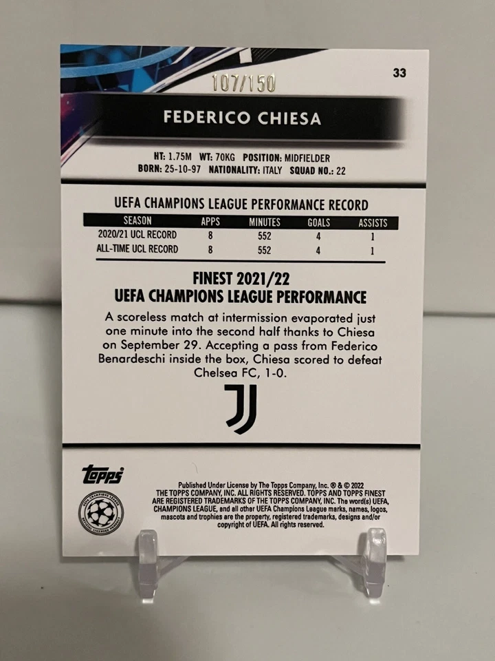 2022 Topps Finest Federico Chiesa Juventus Blue /150 #33 - Image 2 of 2