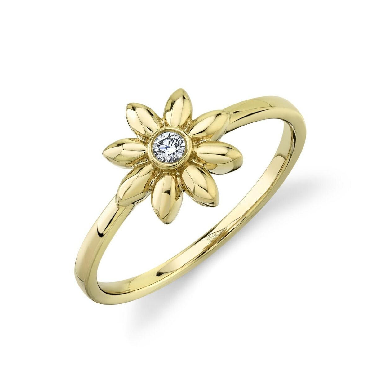 Diamond Daisy Flower Ring 14K Yellow Gold Round Cut Natural