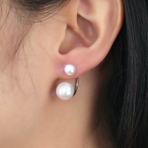 6/10mm Round Freshwater White Pearl Ear Studs Women's Stainless Steel Earrings - Picture 2 of 6
