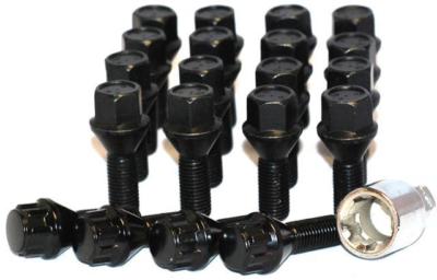 M12 x 1.5, 26mm thread tapered seat black alloy wheel bolts x 20 inc lockers