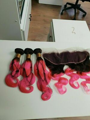 1b#/PINK OMBRE BRAZILIAN VIRGIN HUMAN HAIR BODY WAVE BUNDLES 12+14+16&12 FRONTAL