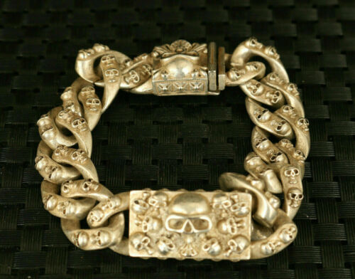 Collect chinese tibetan silver hand cast skull Statue bracelet cool Men's Jewelr - Picture 1 of 9