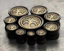 PAIR Ebony Wood w/Tree of Life Top Saddle Plugs Earlets Gauges Body Jewelry