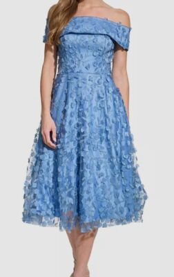 Eliza J Women's Blue Petite 3D Floating Flowers Off-The-Shoulder Midi Dress 6