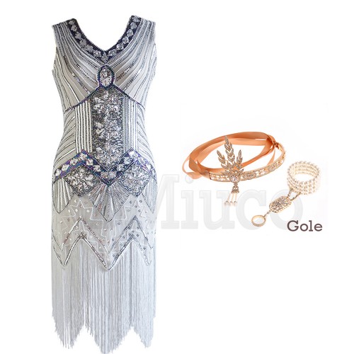 1920s Great Gatsby Party Sequins Dresses 20s Roaring Tassels Dress Jewelry Set - Picture 11 of 24