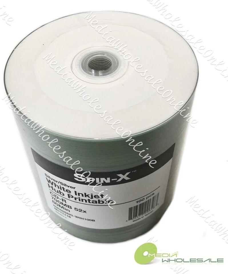 100 Spin-X CD-R 700MB 52x 80Min - White Inkjet Hub Printable Blank Media Disc - Image 2 of 2