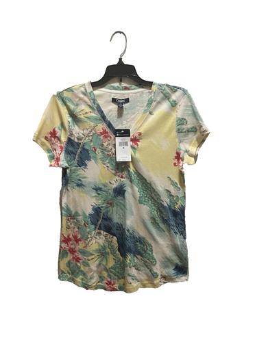 Chaps Knit Top Womens Medium Short Sleeve Henley Tropical Print Comfy Soft