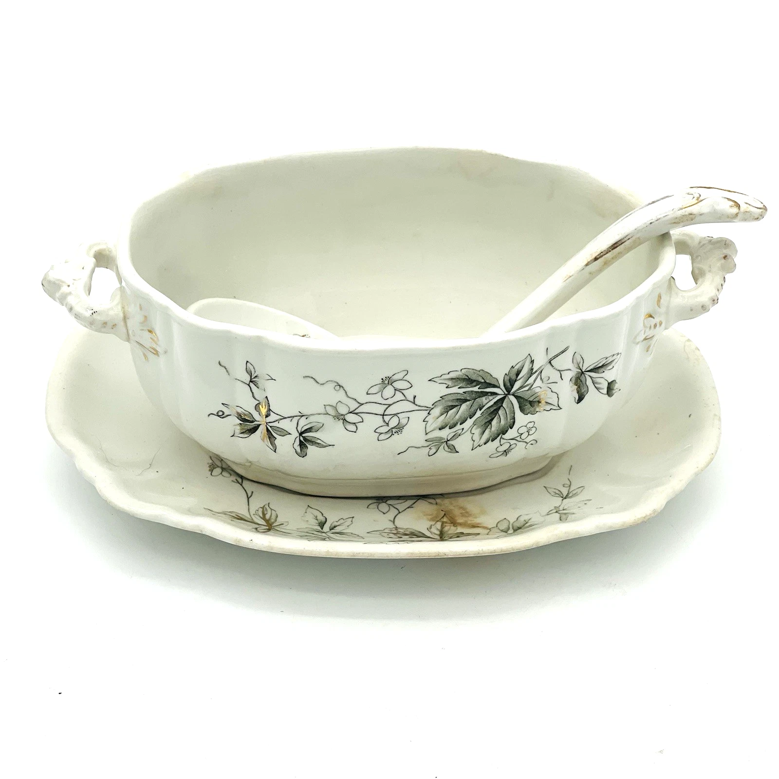 Antique John Edwards Ironstone England Virginia Gravy Sauce Boat Plate Ladle