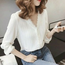 Ladies Shirt Blouse Lace V Neck Long Sleeves Button Down Casual White Work Tops