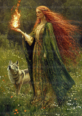 Brigid Kunstdruck keltische Göttin mit Feuerwolf grün Kleid Frühling heidnisch AC35