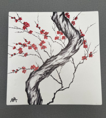 NHA VUU SIGNED&framed  Red Plum blossom canvas painting 12'' x12''