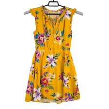 Womens Old Navy Yellow Floral Dress Cap Sleeves V Neck Tie 100% Rayon Size M