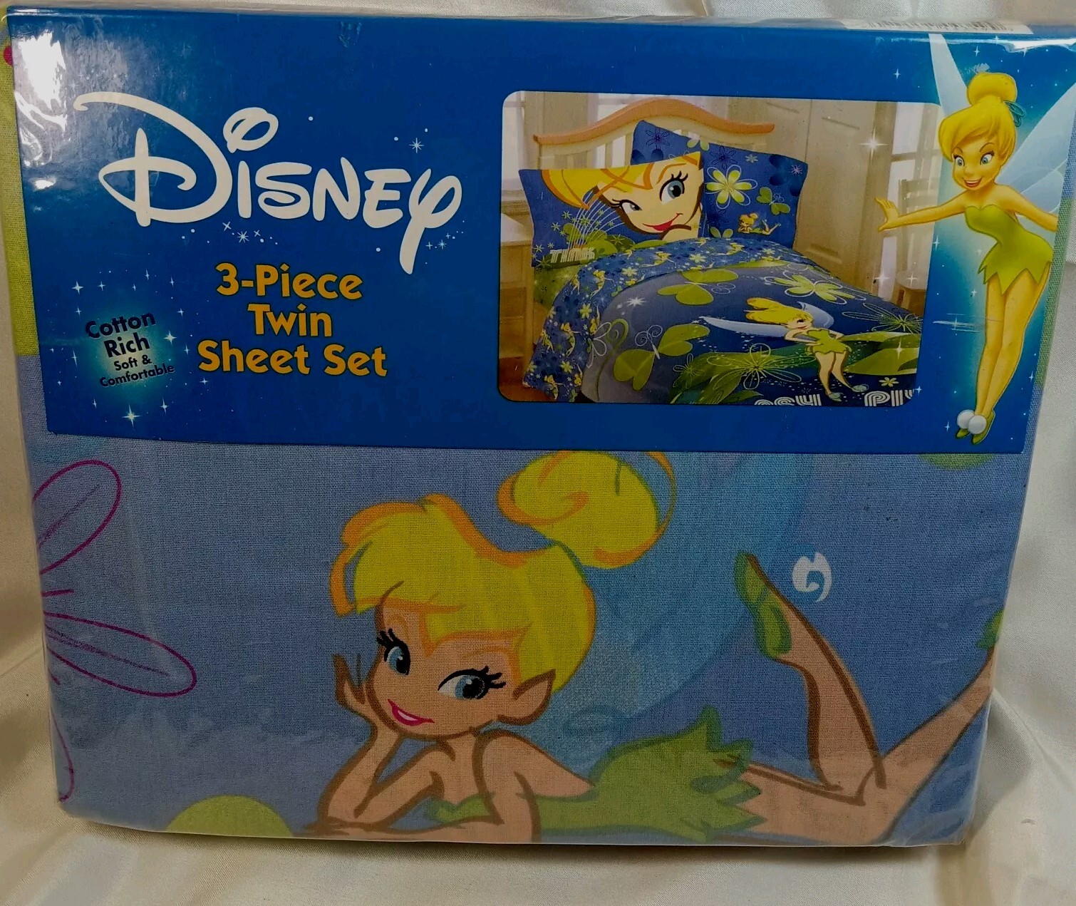 SHEET SET Disney Tinker Bell Cotton Rich Twin 3 PC NEW/PACK ,BLUE~BUTTERFLIES 