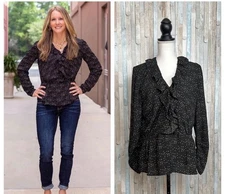 Cabi Womens Eros Blouse Shirt Size S Baby Heart Print Ruffle Romantic Wrap 4154